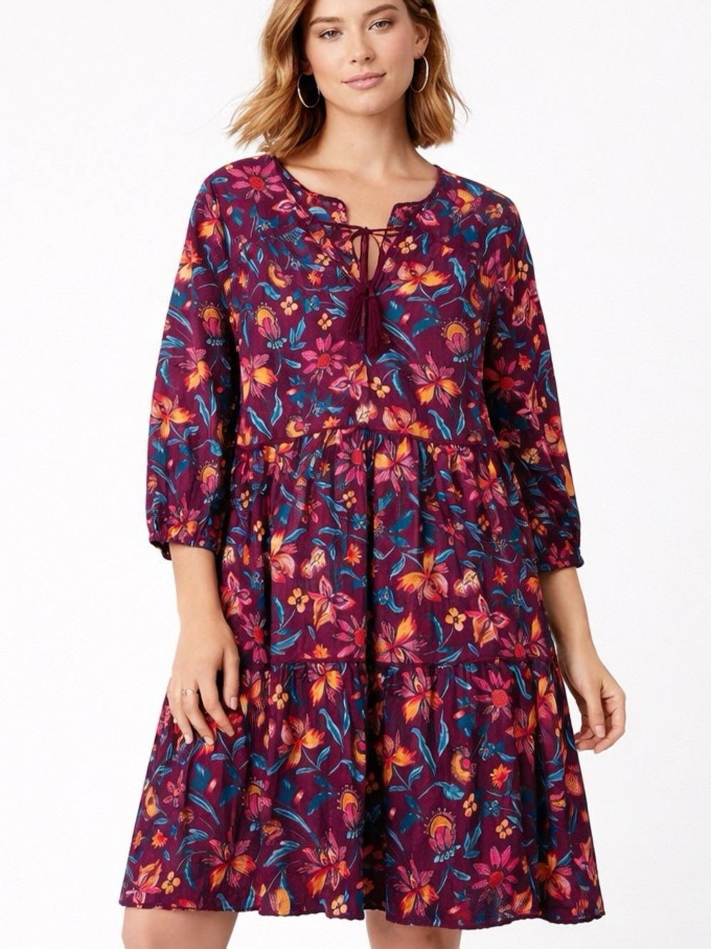 Sundance Boho Floral Tiered Dress PM Burgundy Pink Blue 3/4 Sleeve Cotton  11/2